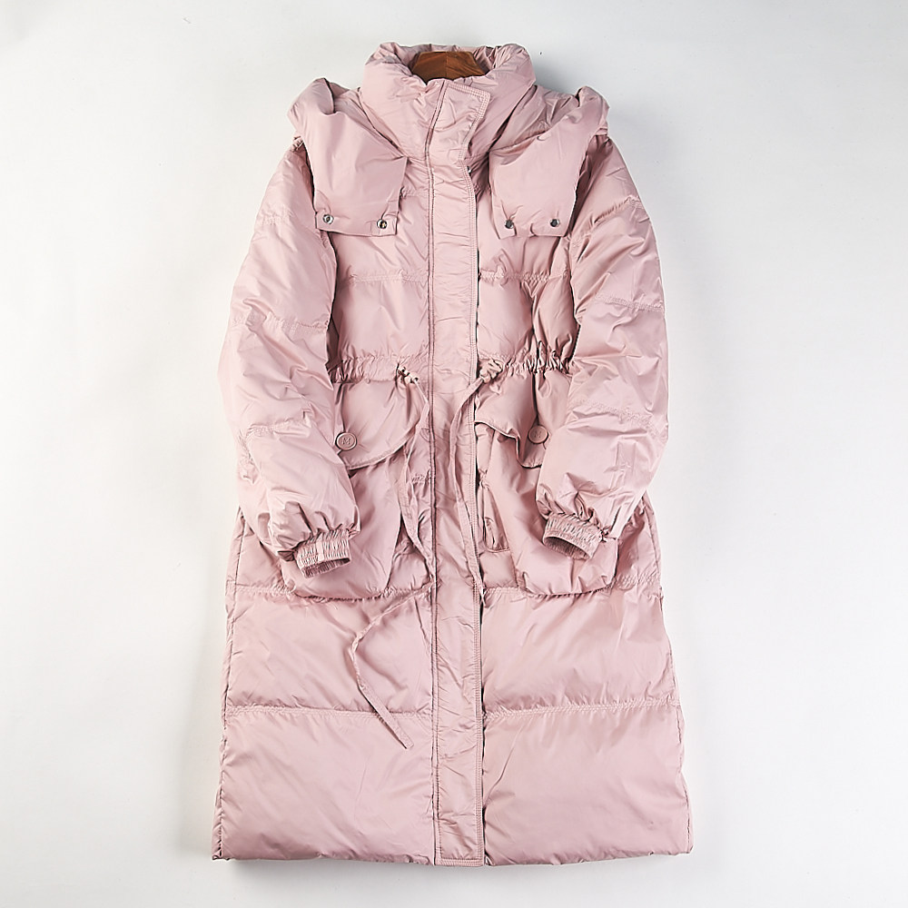 韩版连帽中长款羽绒服女H85609秋冬季收腰抽绳保暖宽松白鸭绒外套