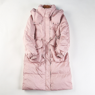 韩版连帽中长款羽绒服女H85609秋冬季收腰抽绳保暖宽松白鸭绒外套