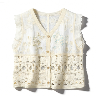 镂空钩织拼刺绣马甲女3.24L84317荷叶边V领波西米亚复古叠穿背心