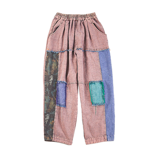 潮 女4.29H82446春夏补丁拼接阔腿灯笼长裤 大码 宽松文艺水洗牛仔裤