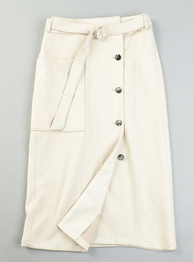 精品日单一片式麂皮绒半身裙L84112秋冬新款纽扣腰带通勤休闲长裙