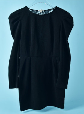 法式复古连衣裙女8.23L70634黑色气质赫本风高腰拼蕾丝长袖短裙夏