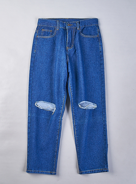 215韩版纯色牛仔裤女78177春秋自然腰宽松显瘦破洞直筒休闲长裤潮