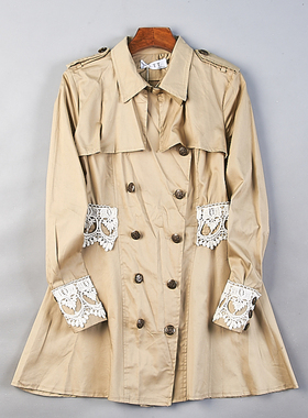 韩版复古肩章长袖风衣女11.5H80802春秋蕾丝装饰双排扣中长款外套