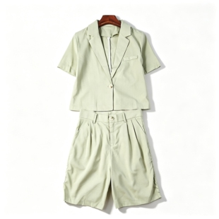 通勤休闲短袖西装短裤套装女H87043夏季西服高腰压褶五分裤两件套