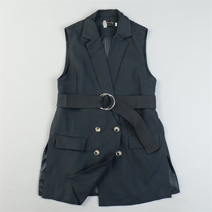 韩版 西装 马甲女L84127收腰双排扣叠穿无袖 风衣外套 气质中长款