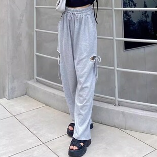 百搭破洞系带设计感潮流休闲裤 日单潮牌宽松直筒卫裤 女L84538四季