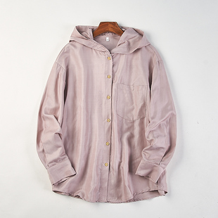 精品天丝连帽长袖衬衫女H83903春秋季新款单排扣开襟休闲宽松外套