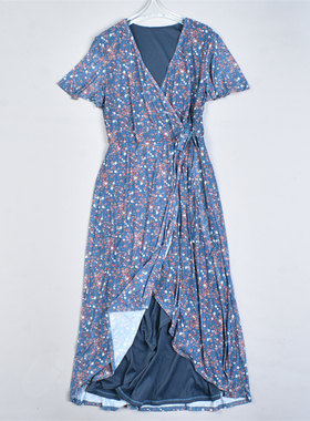 法式复古碎花短袖连衣裙48L82151春夏斜叠V领系带高腰显瘦长裙子