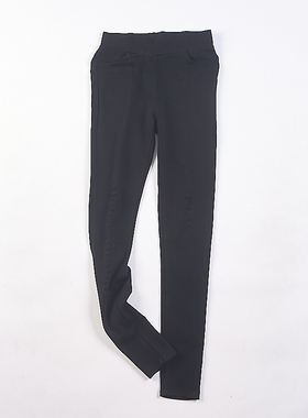 81外贸原单弹力修身黑色休闲长裤女75505夏秋通勤铅笔破洞小脚裤