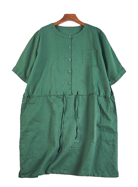 日系宽松棉麻短袖连衣裙女H82835夏季复古大码显瘦抽绳收腰中长裙