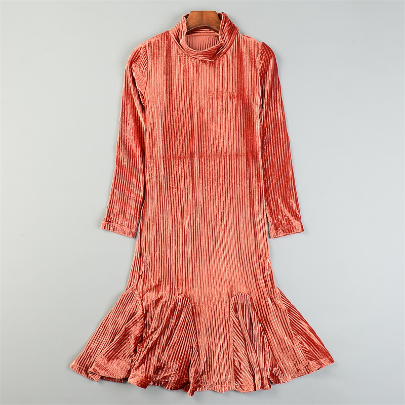 复古气质条纹亮色金丝绒连衣裙L85033半高领修身鱼尾裙A字中长裙