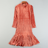 复古气质条纹亮色金丝绒连衣裙L85033半高领修身 鱼尾裙A字中长裙