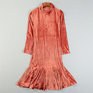 复古气质条纹亮色金丝绒连衣裙L85033半高领修身鱼尾裙A字中长裙