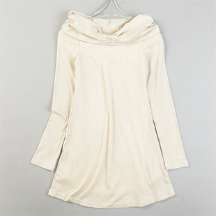 休闲上衣全棉螺纹打底衫 T恤女L84734秋冬修身 纯欲宽荡领长袖 法式