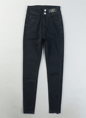 精品弹力紧身黑色牛仔裤女L85362高腰提臀瘦腿裤新款毛边小脚长裤