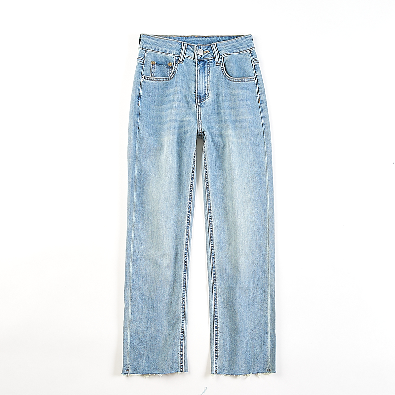 韩版自然腰毛边直筒牛仔裤女