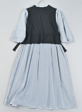 日单大码女装拼接假两件连衣裙L82355宽松条纹泡泡七分袖春夏长裙