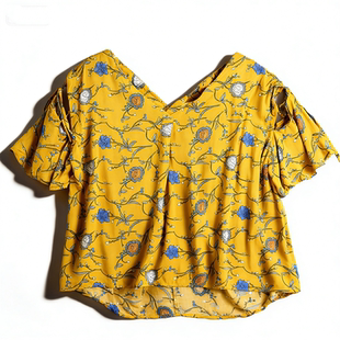 日单渡假风碎花软糯人棉衬衫女L86028夏季V领荷叶边短袖上衣小衫