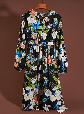 春夏新款碎花长袖连衣裙29H69155新款法式优雅淑女V领雪纺印花裙