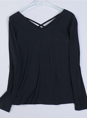 黑色交叉V领长袖T恤衫女6.29L79474弹力修身显瘦春夏打底纯色上衣