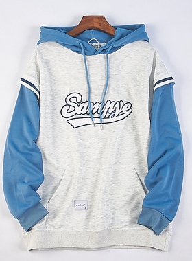 528美式拼接假两件运动休闲卫衣男女76514春秋宽松套头连帽衫外套