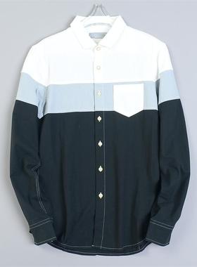 630韩版男士全棉拼接长袖衬衫80512夏秋季撞色薄外套青年潮流衬衣