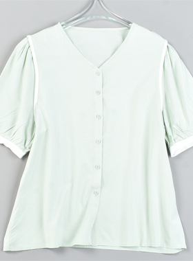 韩版纯棉V领短袖衬衫女610L82876宽松显瘦文艺休闲少女感夏季上衣
