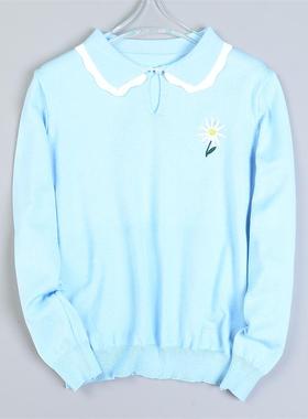 523甜美少女感小刺绣针织衫80737复古翻领套头直筒春秋冬长袖毛衣