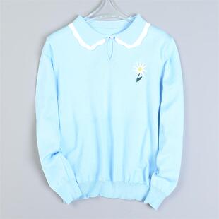 523甜美少女感小刺绣针织衫80737复古翻领套头直筒春秋冬长袖毛衣