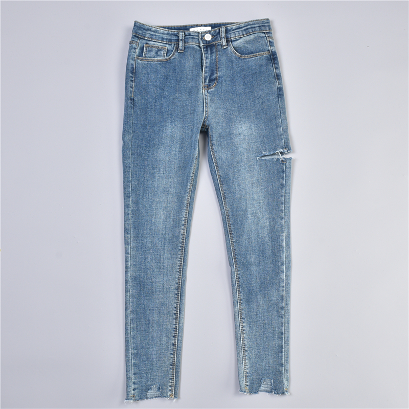 破洞毛边牛仔裤女弹力提臀小脚裤