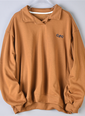 1222复古美式翻领卫衣女76222精致小刺绣宽松休闲bf风棉毛圈上衣