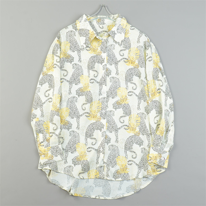 高端潮流花豹印花长袖衬衫女L83892夏秋软糯丝滑宽松显瘦休闲上衣