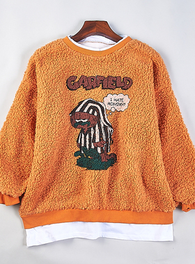 523韩版羊羔毛绒圆领套头卫衣男女77036秋冬宽松加厚假两件外套潮