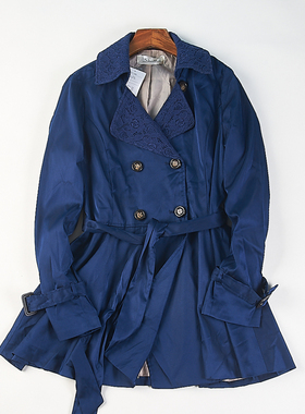 日单蕾丝拼接双排扣风衣女H84691春秋新款中长款收腰系带百搭外套