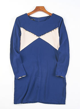 韩版拼色长袖连衣裙女318H81830春夏圆领铆钉装饰中长款T恤短裙子