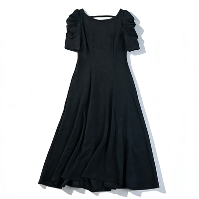 泡泡袖收腰连衣裙礼裙女3.17L86023优雅气质露背A字大摆显瘦长裙