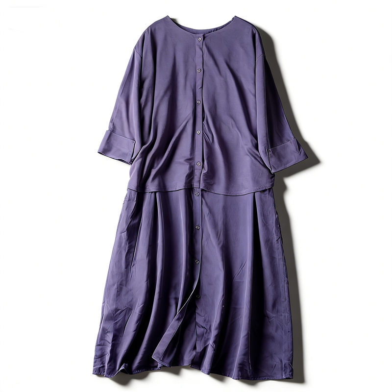 日系文艺柔美假两件连衣裙86000春季单排扣落肩袖宽松A字通勤长裙