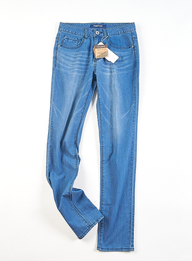 出口韩国水洗磨白牛仔长裤女H83232夏秋季大码中腰修身百搭直筒裤