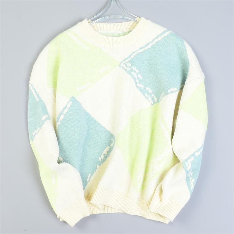 复古撞色格子圆领毛衣文艺针织衫