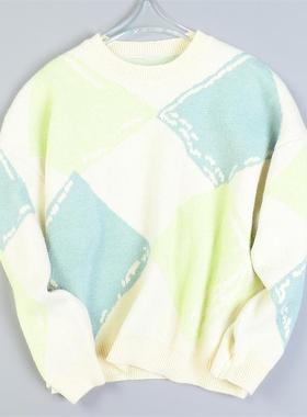 日系撞色方格针织衫女1119L80934宽松大码文艺休闲风秋冬保暖毛衣