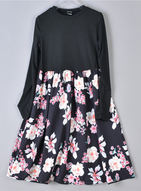 1122韩版少女童装连衣裙74330螺纹棉拼接假两件春夏儿童碎花a字裙