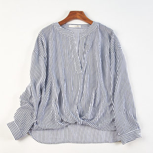 通勤百搭V领套头长袖 女84592夏秋季 衬衣 条纹衬衫 精品日单宽松大码