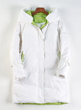 精品韩版白色连帽中长款羽绒服女H85533冬季加厚保暖90白鸭绒外套