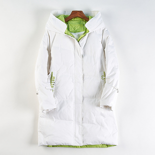 精品韩版白色连帽中长款羽绒服女H85533冬季加厚保暖90白鸭绒外套