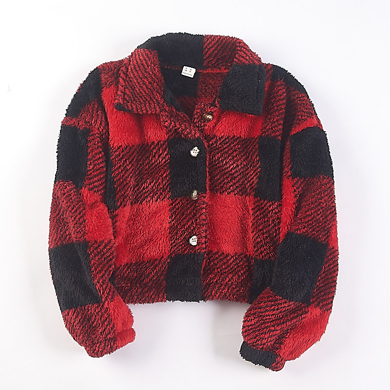 秋冬法兰绒儿童格子开衫毛绒夹克