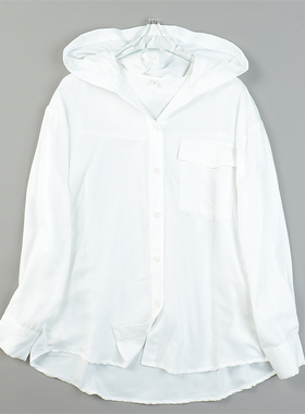 精品天丝白色连帽长袖衬衫女L83899夏秋季新款宽松显瘦慵懒风上衣
