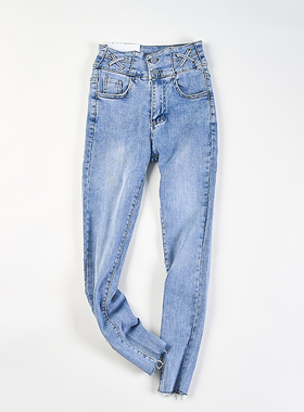 精品韩版高腰显瘦水洗牛仔裤女H85361春秋弹力修身显高小脚九分裤