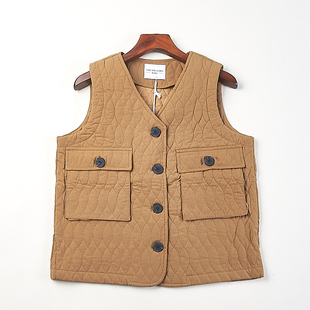 精品日系复古大口袋马甲外套女H84067秋冬季 V领宽松叠穿背心上衣