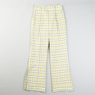 日单格纹高腰开叉微喇叭休闲裤 女L85844春夏复古显瘦通勤百搭长裤